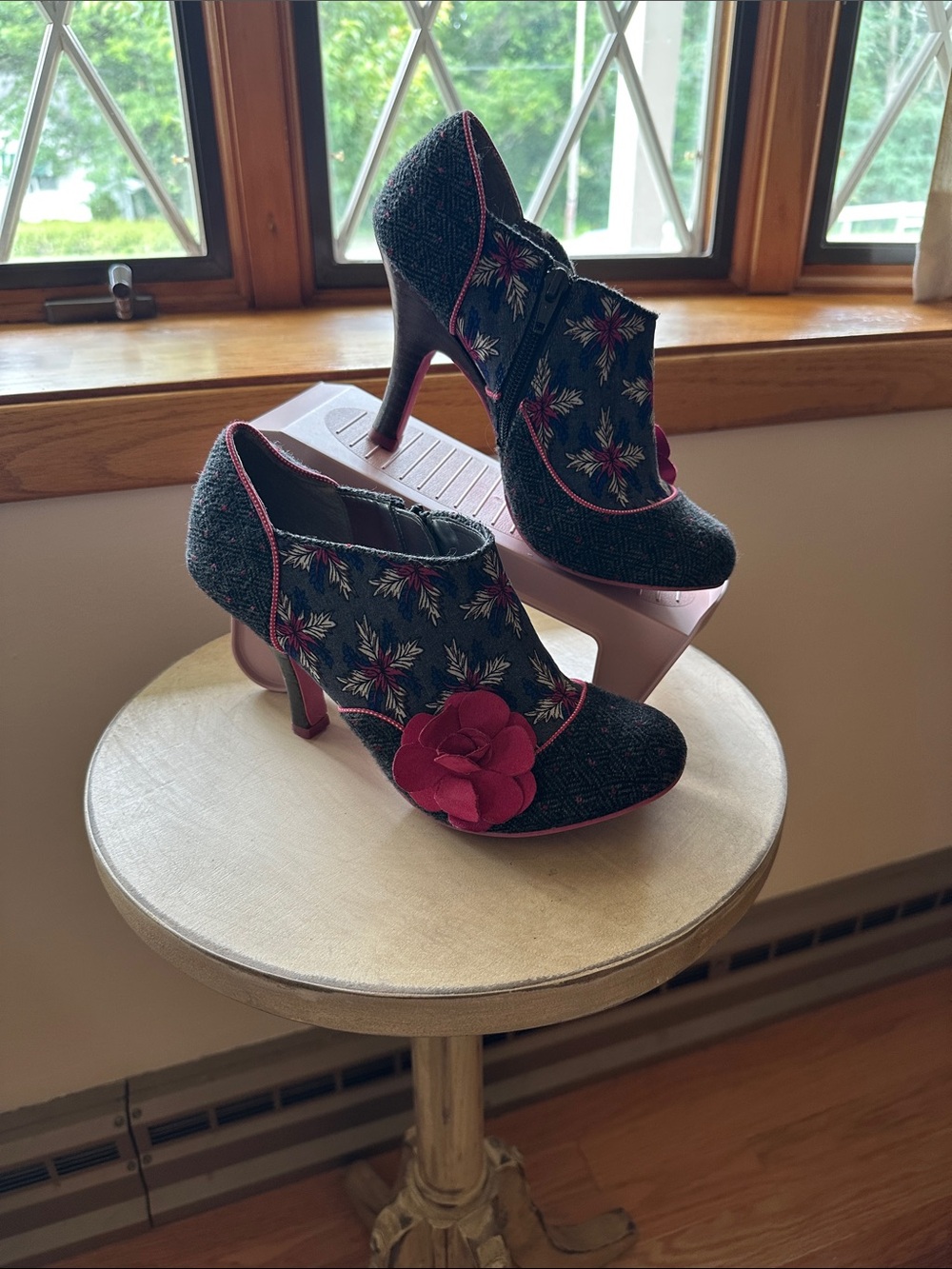 Ruby Shoo Gray Heeled Booties with Pink Flower Accent